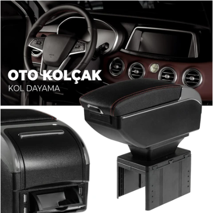 Oto Kolçak Sürgülü ve Tüm Araçlara Uyumlu Kol Dayama 6 USB 1 Type-c Girişli Kolçak Siyah