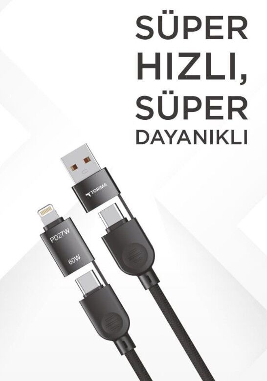 Torima U17  4-in-1, Type-C To Type-C And Ligthning -USB Çoklu Değiştirilebilir Başlıklı 100cm - 85w Hızlı Şarj Ve Data Kablosu
