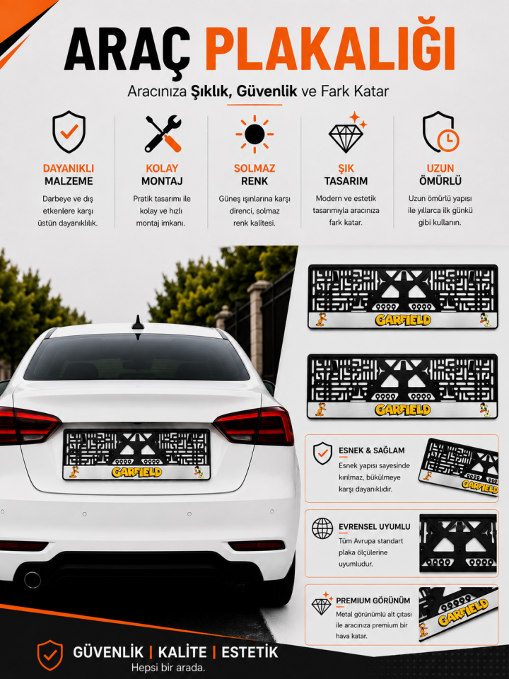 Premium Garfıeld Temalı Esnek ABS Araç Plakalığı 2'li Set