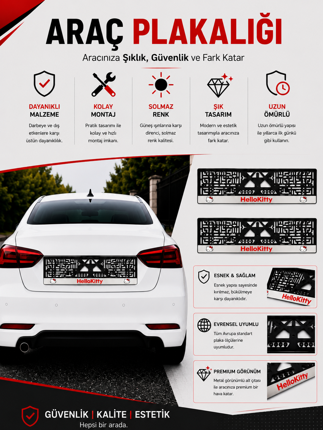 Premium Hello Kıtty Temalı Esnek ABS Araç Plakalığı 2'li Set