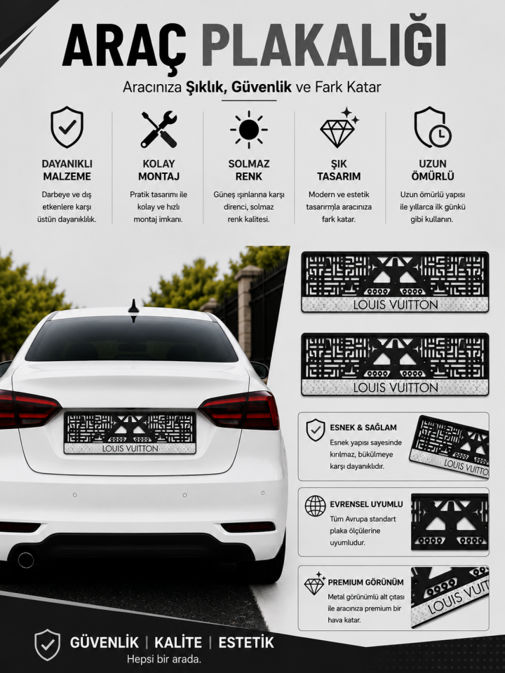 Premium Louıs Vuıtton Yazılı Esnek ABS Araç Plakalığı 2'li Set