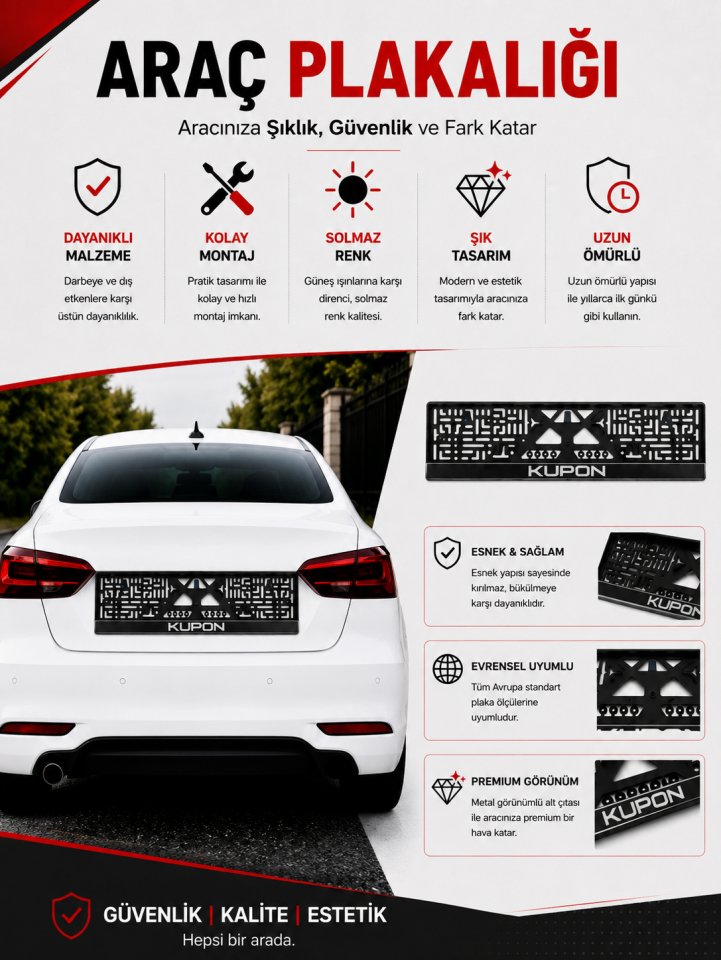 Premium Siyah Kupon Esnek ABS Araç Plakalığı 2'li Set